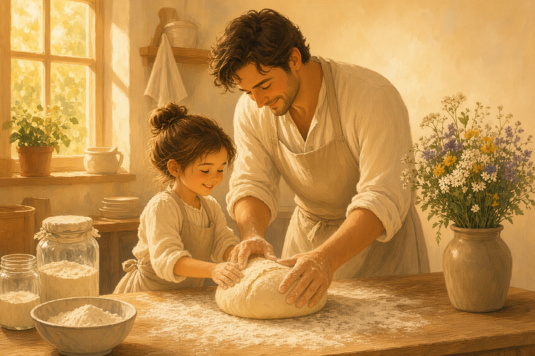 A father and daughter shaping dough together in a warm kitchen, painted in a storybook style