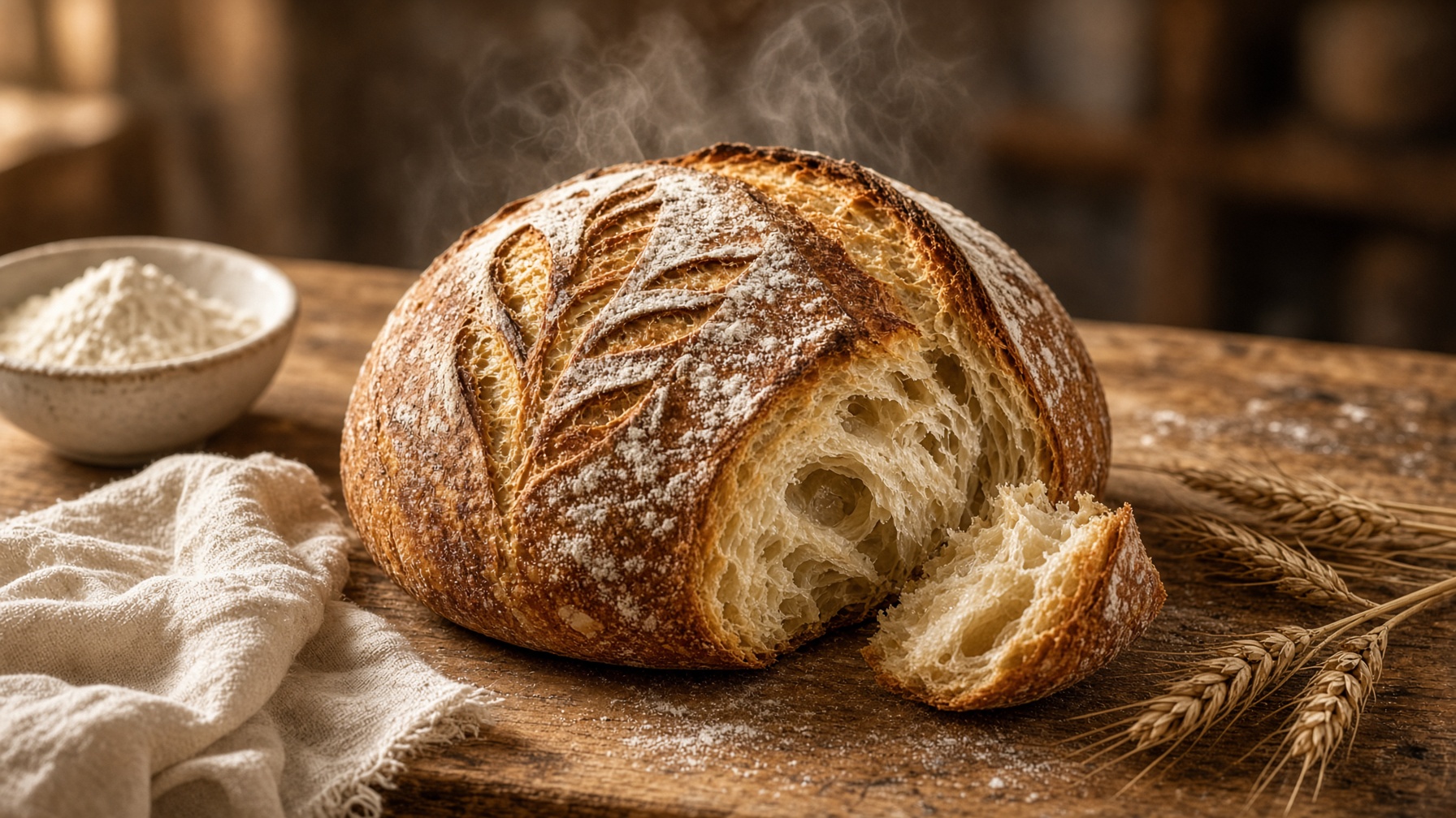 A scored country sourdough boule on a wooden baker’s table