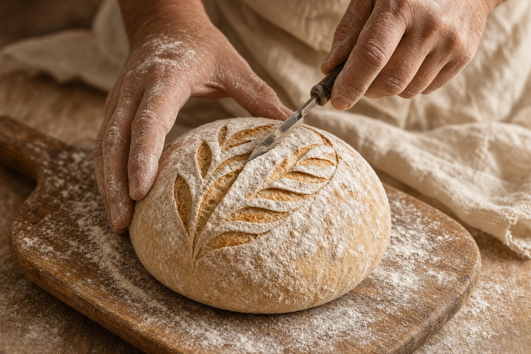 Flour-dusted hands scoring a round sourdough boule